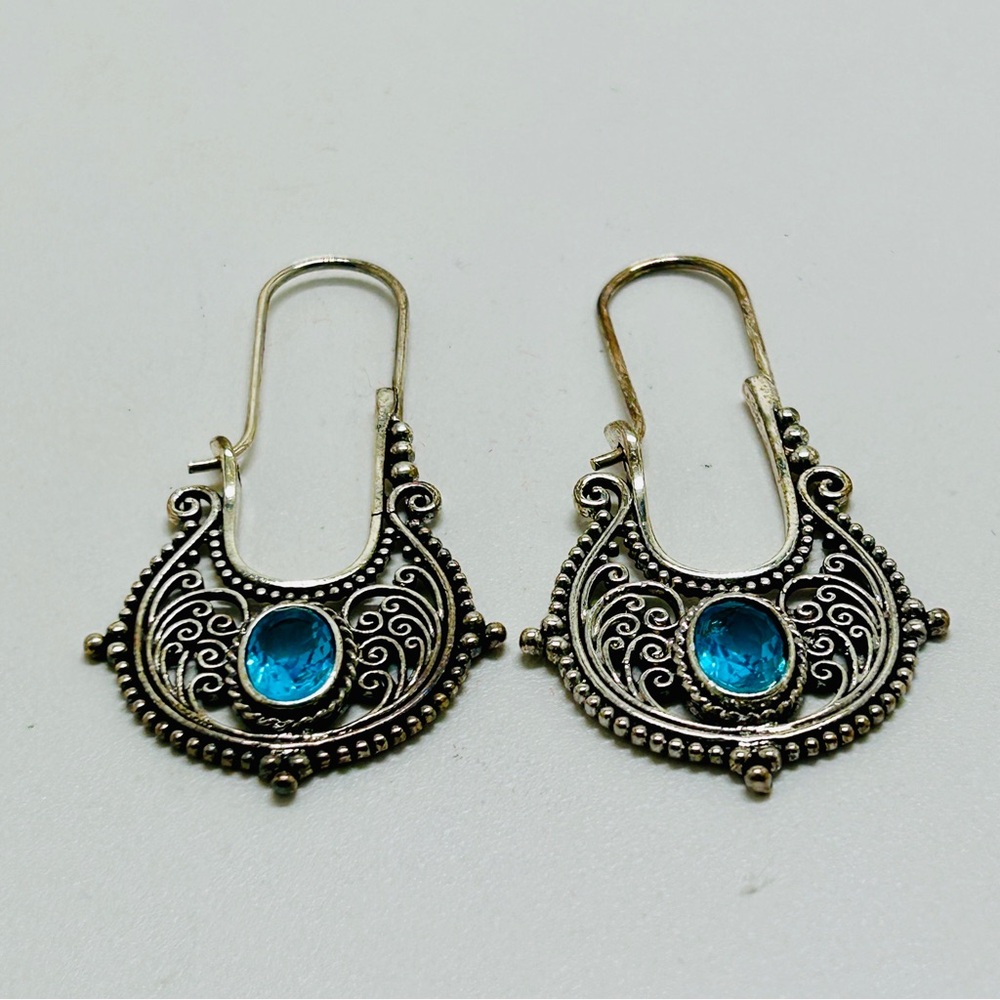 Tzliwen, Sterling Silver And Aquamarine Intricate Scrolled Earrings, Wires, NIB